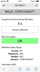 Interface web mobile de configuration avec statut et identifiant Alpha Tango